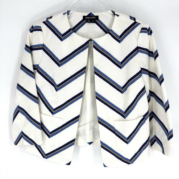 Paperwhite Chevron Open Jacket White Blue Gold Size 4 - Picture 2 of 10